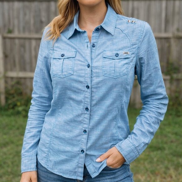 G by Guess Tops - G by Guess Blue Button-Up Shirt Women’s Medium Western Utility Cotton Top